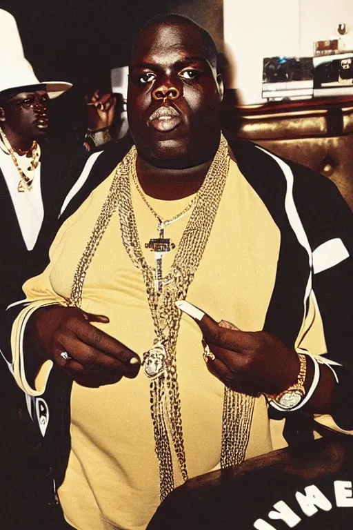 Image similar to picture of the notorious big in 2 0 2 2 wearing jewelry and looking cool