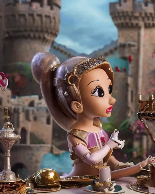 Image similar to highly detailed closeup, face profile portrait of a tin toy ariana grande as a medieval girl eating cakes in a castle, bikini, depth of field, nicoletta ceccoli, mark ryden, lostfish, dan decarlo, bob clampett, max fleischer, detailed and intricate environment, 8 k resolution, hyperrealistic, octane render