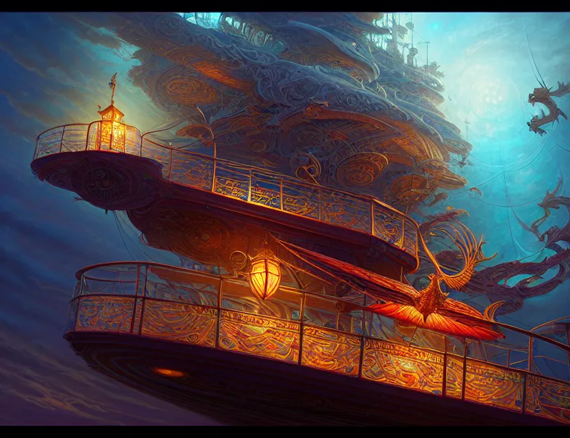 Image similar to standing upon the deck of the flying magical ship, d & d fantasy art, artstation contest winner, beautiful digital painting in the style of dan mumford, art by kev chan, volumetric lighting, intricate details, concept art, ultrarealistic, fantasypunk, deep colors, cgsociety, by art germ, by gerald brom, by peter mohrbacher