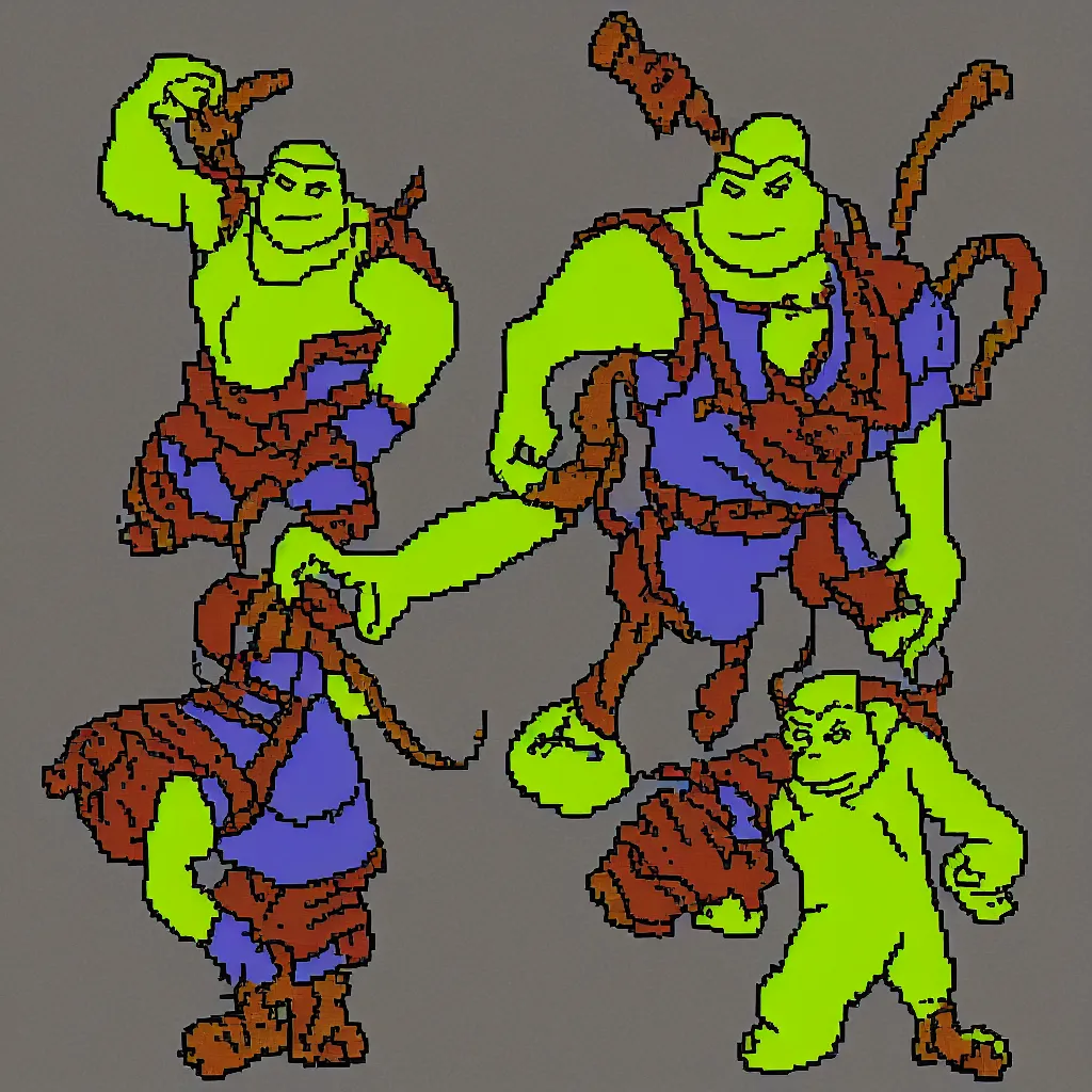 Prompt: pixel art of shrek for a fighting game