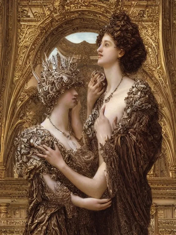 Prompt: a beautiful render of two baroque catholic veiled queen with symmetry intricate detailed heart,sculpture,pray,love,by Maria Mirage,Lawrence Alma-Tadema,peter gric,aaron horkey,Billelis,trending on pinterest,hyperreal,gold,silver,ivory,maximalist,glittering,golden ratio,cinematic lighting