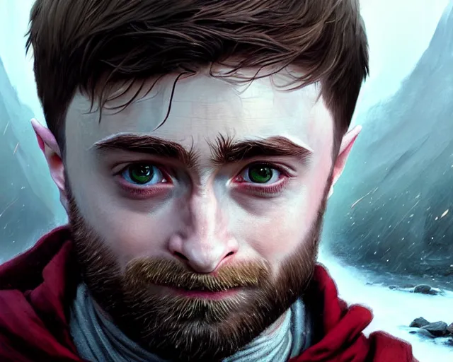 Image similar to highly detailed portrait of daniel radcliffe as a fantasy bald elf mage, in skyrim, stephen bliss, unreal engine, fantasy art by greg rutkowski, loish, rhads, ferdinand knab, makoto shinkai and lois van baarle, ilya kuvshinov, rossdraws, tom bagshaw, global illumination, radiant light, detailed and intricate environment