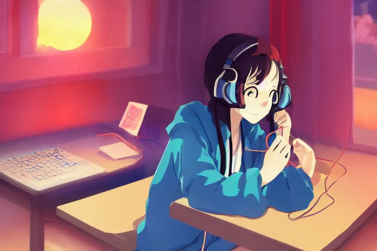 Image similar to lo - fi anime girl playing computer games, wearing a blue cardigan and red aesthetic lo - fi headphones, brightly lit room, a lamp hovers above as it illuminates the room, illustrated by juan pablo machado, nighttime!!!!!!, cgsociety contest winner, artstation, golden ratio, dim lighting, studio ghibli!!!, 4 k