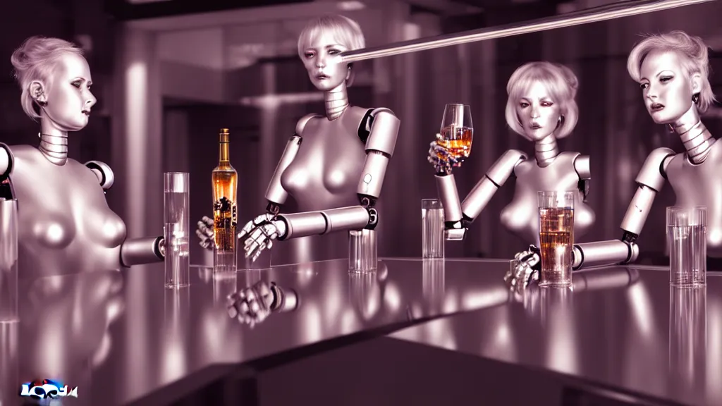 Prompt: female robots drinking alcohol, inside a glass bar, chrome reflections, hyper-realistic, extreme detail, sharp photo, beautiful, cinematic 4K, trending on artstation by Sorayama