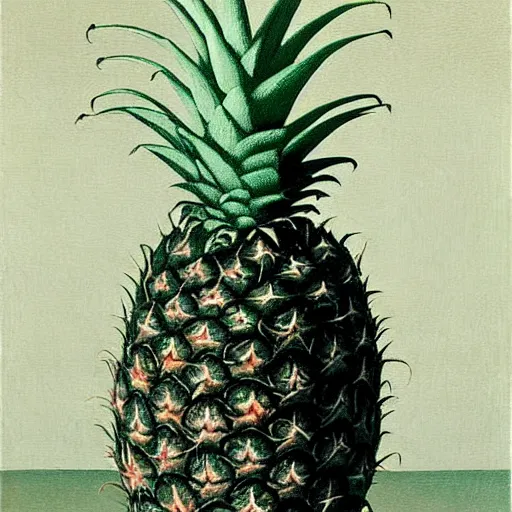 Image similar to le fils de l'homme but with a pineapple, painting by rene magritte, high detail, high resolution