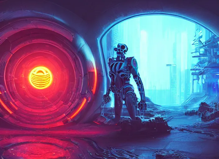 Image similar to a futuristic skull with glowing eyes and a wormhole tunnel, cyberpunk art by marc simonetti, behance contest winner, computer art, darksynth, synthwave, rendered in cinema 4 d