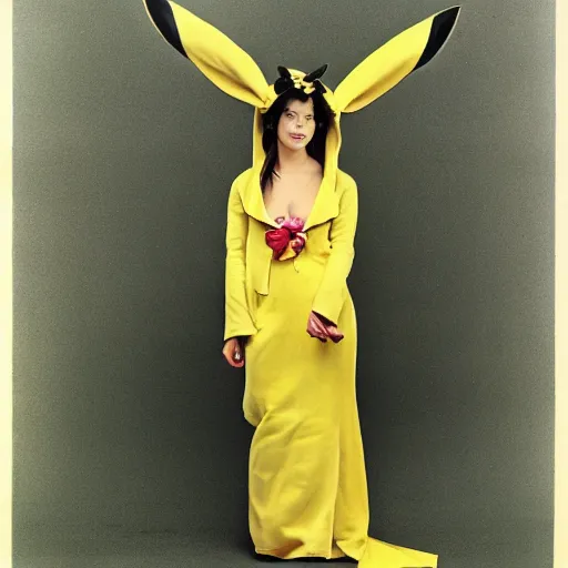 Image similar to elegant woman dressed up as pikachu, art photo by Annie Liebovitz and Alphonse Mucha, clean, sharp, smooth, glossy photo