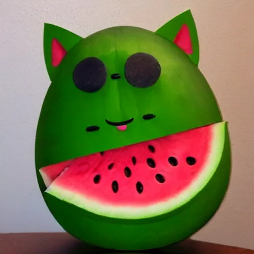 Image similar to cat wearing a helmet, helmet watermelon, helmet that looks like watermelon, watermelon fruit texture, helmet on cat