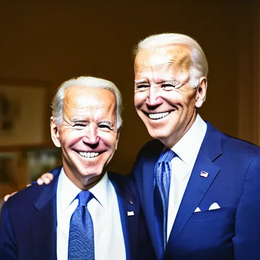 Image similar to A portrait photo of joe biden teams up with a teenage joe biden, perfect faces, 50 mm, award winning photography