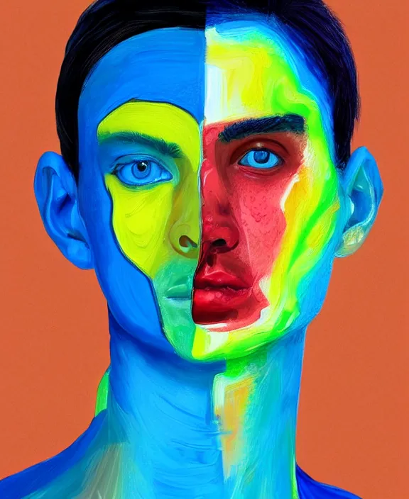 Prompt: very detailed masterpiece androgynous man portrait painting of Stable Diffusion!!, 4k resolution,!! Valentina Remenar!! Digital art, paint tool sai!! Blue, red, yellow, melting colors!! Perfect face!! Correct body proportions!! Semi realism!! COHERENT HANDS!! COHERENCY!!