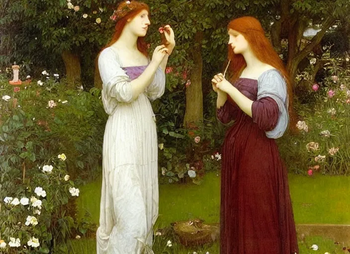 Image similar to a very very very beautiful Pre-Raphaelite painting of two women in a lush garden brushing their hair, by Waterhouse