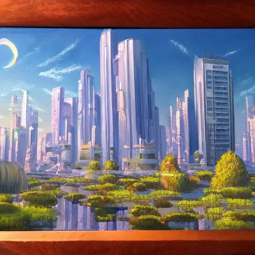 Image similar to A detailed oil painting of a futuristic solarpunk city, in the style of Bob Ross