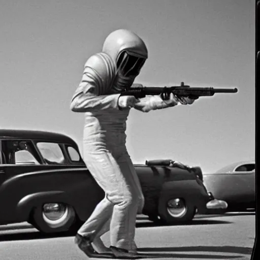 Image similar to 1 9 5 0 s, sci - fi movie, vintage movie grain, alien gunmen attack suburbia street