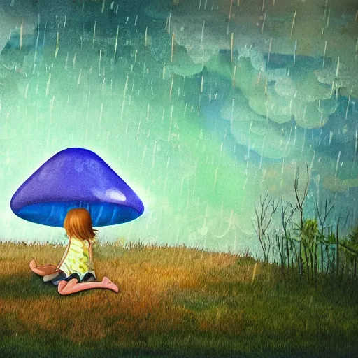 Image similar to A girl sleeping under a giant blue toadstool, raining, somber, high detail,