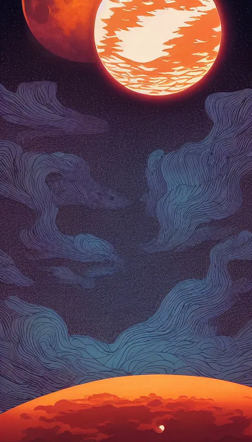 Image similar to copper full moon floating on cosmic cloudscape at sunset, futurism, dan mumford, victo ngai, kilian eng, da vinci, josan gonzalez