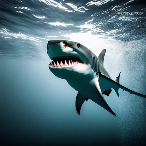 Image similar to shark breaking the surface of the water, underwater photography with light scattering and water refractions, smooth