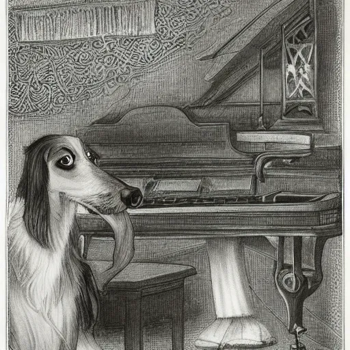 Prompt: Detailed art of a borzoi dog in a sharp suit playing a piano in a Gothic Mansion