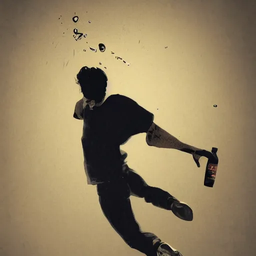 Image similar to artistic rendition of a man jumping in the while holding a bottle, trending on Artstation