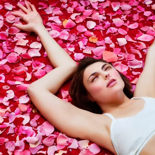 Image similar to woman laying in a pool of rose petals, movie poster, realistic, soft lighting, professional