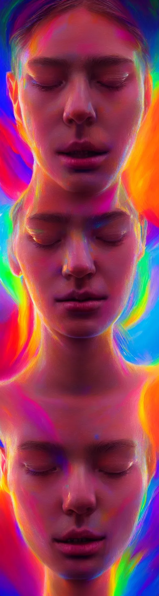 Prompt: hyperrealistic close-up psychedelic portrait of pretty girl! peaceful aura and soul of heaven highly detailed concept art eric zener elson peter, Leng Jun, DMT, epic cinematography, rainbow golden ratio, lighting high angle hd 8k sharp shallow depth of field, inspired by Zdzisław Beksiński and Pablo amaringo