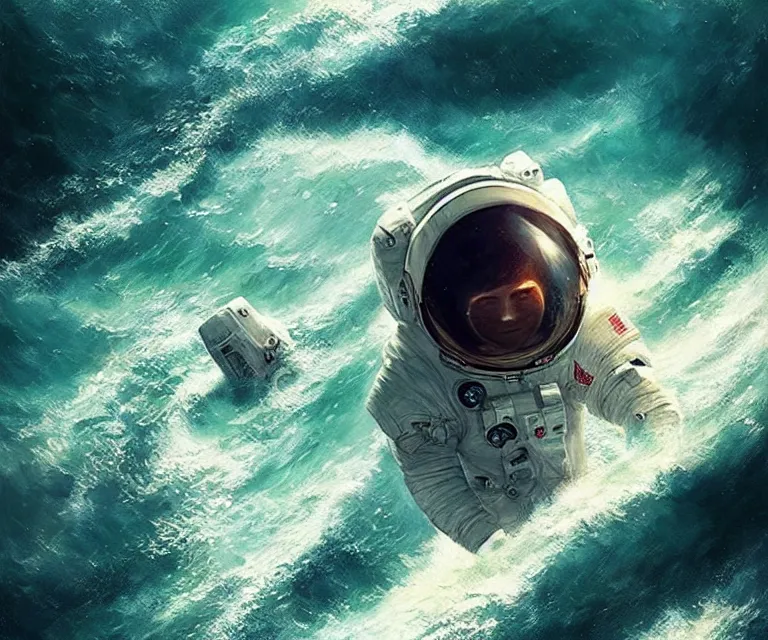 Image similar to an astronaut lost in the ocean,digital art,detailed,ultra realistic,art by greg rutkowski