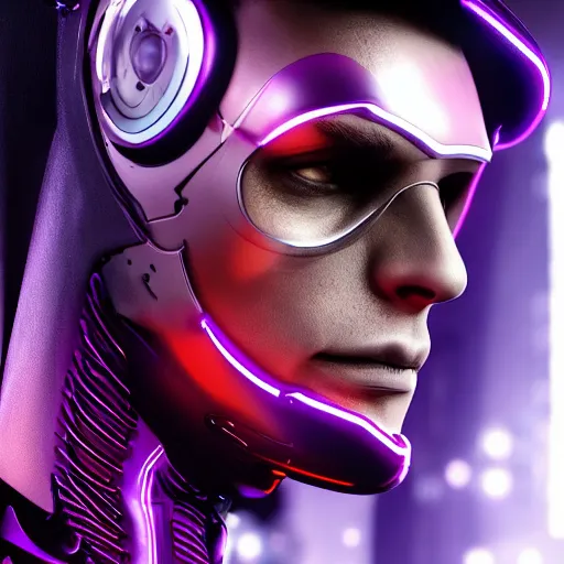 Prompt: male cyborg body profile cyberpunk neon metal glow red purple black science fiction hd 8 k by caravaggio