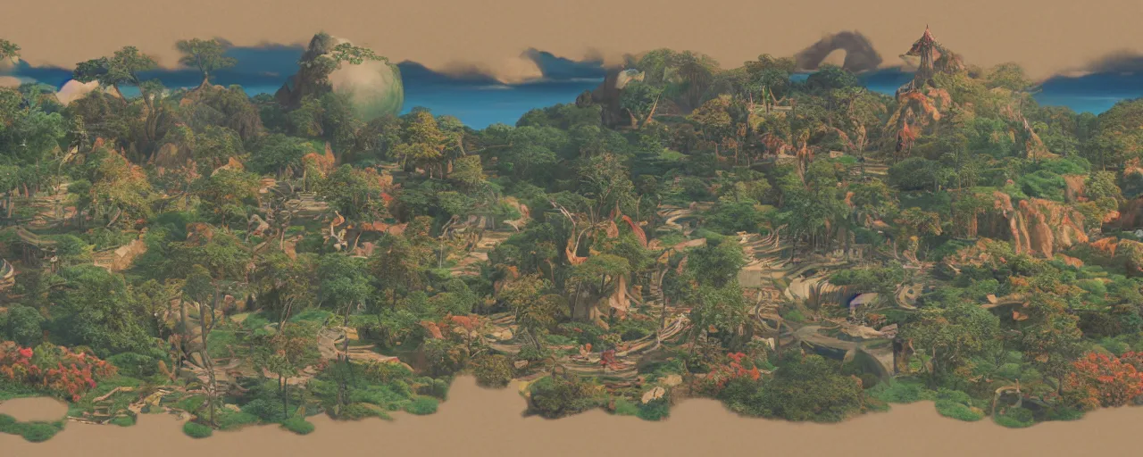 Prompt: a 3D render of a fantasy land by Ike no Taiga and Tsukioka Yoshitoshi