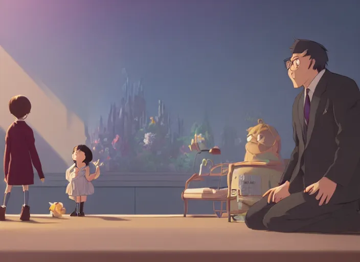 Prompt: mr winston welcoming his new guests, medium shot, studio ghibli, pixar and disney animation, sharp, rendered in unreal engine 5, anime key art by greg rutkowski, bloom, dramatic lighting