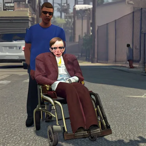 Image similar to stephen hawking as a ganster in gta v, rolling with the crips, gold jewelry, bling bang