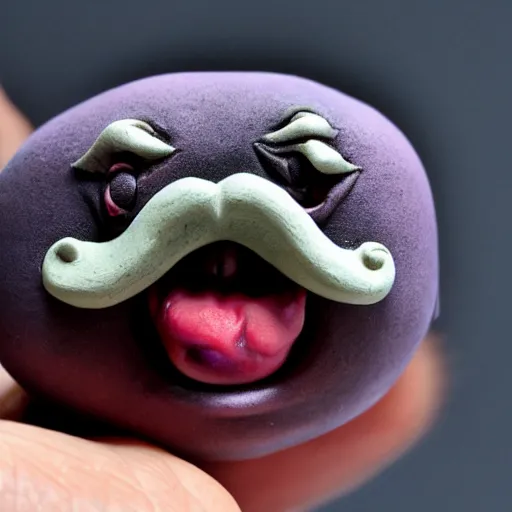 Image similar to tiny moustached homunculus with a huge mouth screaming and crying tiny little feet and purple skin, clay model