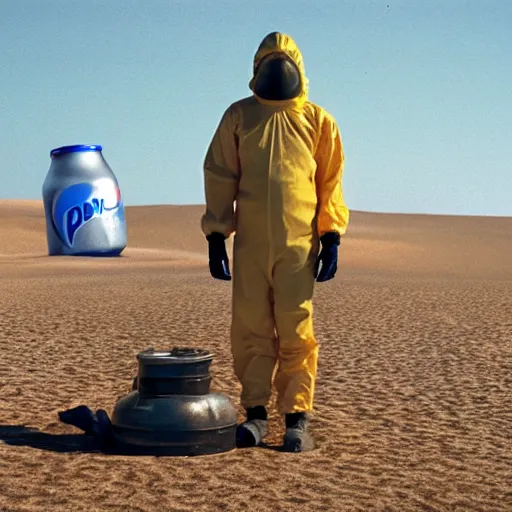 Prompt: a man wearing a hazmat suit, in the desert, giant pepsi cans imbedded in sand in background, film still, panavision panaflex