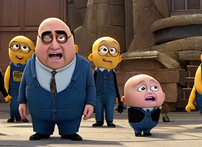 Image similar to Danny DeVito cast as Gru with his minions, still from Despicable Me 2010, high detail, 8k establishing shot,