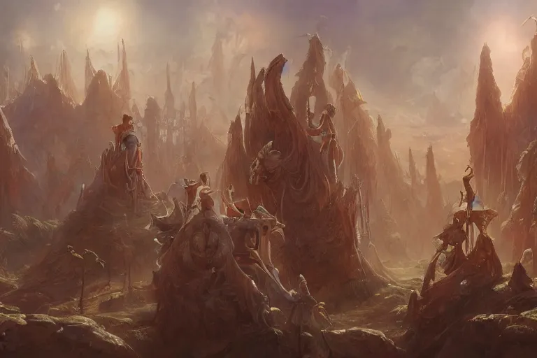 Image similar to the muses. sacred singers they who took up the strings of the deep, and turned the cacophony of an angry world into songs of unity and peace. morning lighting, cinematic fantasy painting, dungeons and dragons, jessica rossier and brian froud