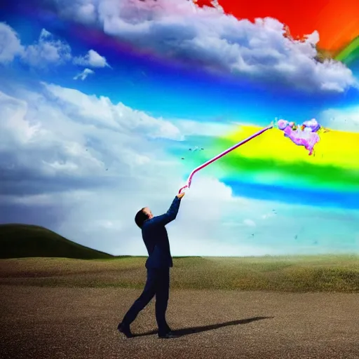 Prompt: Surreal photo of a man sucking the rainbow out of the sky with a straw