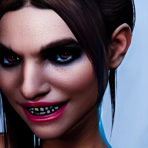 Prompt: Illustration of a women with a smug smirk, revealing sharp fangs. High definition unreal engine.