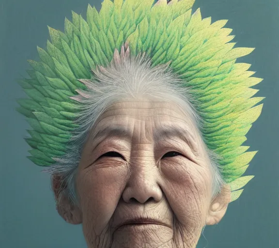 Image similar to detailed pastel colors portrait of an old woman with hair made of leaves, by hsiao - ron cheng, fine detail, 8 k