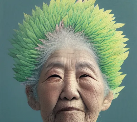 Prompt: detailed pastel colors portrait of an old woman with hair made of leaves, by hsiao - ron cheng, fine detail, 8 k