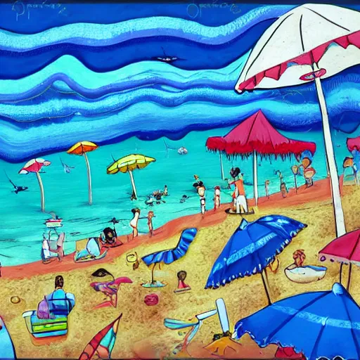 Image similar to a busy summer beach by tim burton