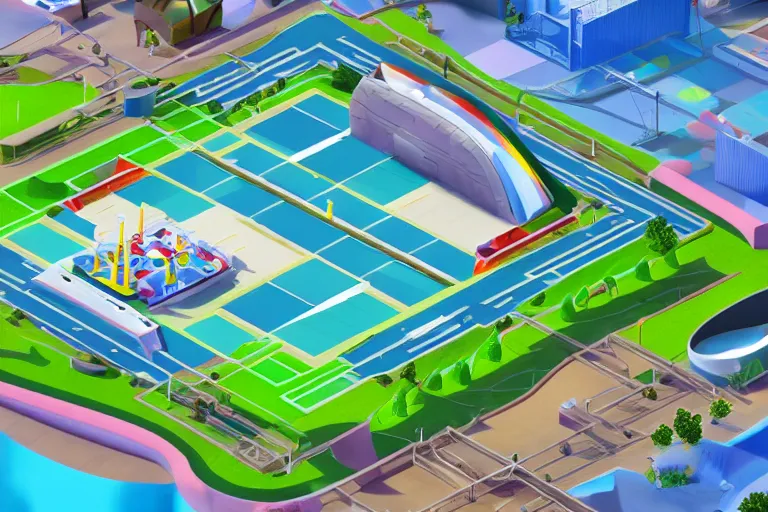 Image similar to isometric view of a high - tech sky arena inspired by modern skate parks and modern chinese playgrounds in the style of mario 3 d world, cinematographic shot, day