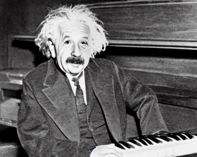 Prompt: full color photo of albert einstein playing a grand piano at a concert