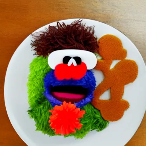 Prompt: a man eating a muppet on a dinner plate