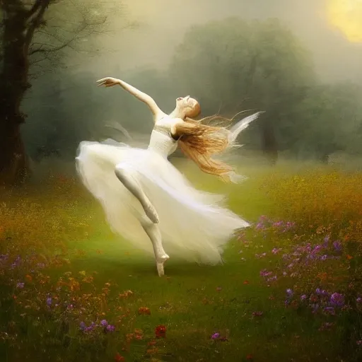 Image similar to the moonlit dance of the fae, dancers in white dancing across a flower meadow the moonlit dance by elena vizerskaya and ivan aivazovsky, perfectly detailed, artstation, sharp focus, highly detailed, studio photography, atmospheric, trending on artstation, surrealist, volumetric lighting