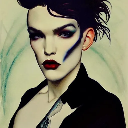 Image similar to beautiful portrait of androgynous ruby rose as desire from sandman in a white tuxedo!!!, rockabilly style,, by alphonse mucha, by jeremy mann, by peter lindbergh, dave mckean, by frank moth, white suit and black tie, soft lightning, high detailed, 8 k