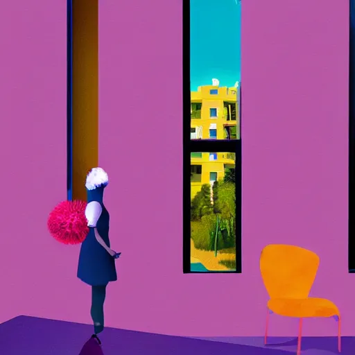 Prompt: giant flower under head, woman next to modern windows, luxury apartment, surreal photography, dramatic light, impressionist painting, digital painting, artstation, james gilleard