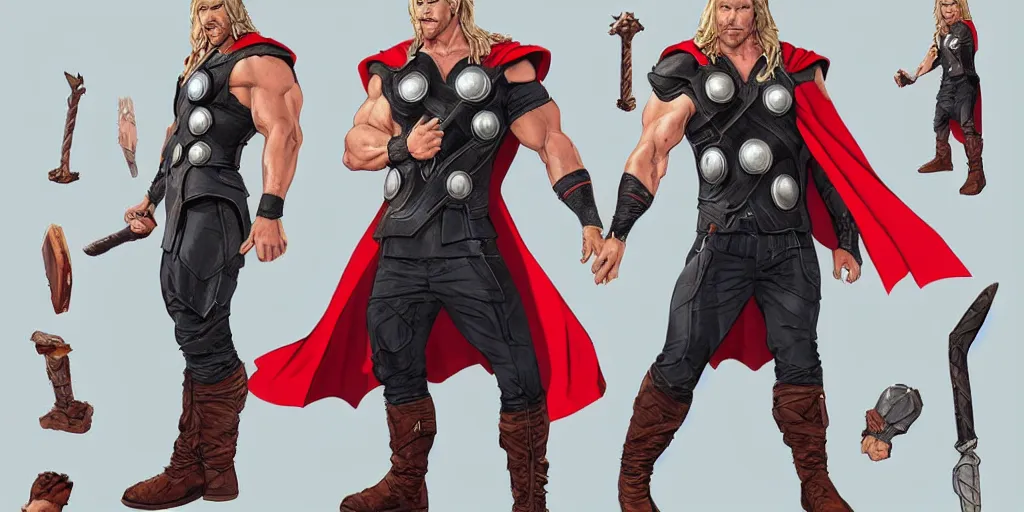 Image similar to cartoonish chris hemsworth as thor kissing his hammer and dancing, character sheet, fine details, concept design, contrast, kim jung gi, greg rutkowski, trending on artstation, 8 k, full body, turnaround, front view, back view, ultra wide angle