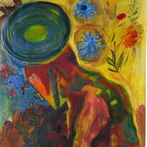 Image similar to man pouring water on head, flowers are in a pot on his head, the pot is part of his head, abstract expressionism, oil on canvas