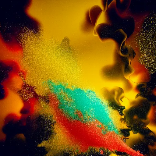 Image similar to color powder explosion on top of baroque renaissance painting, particles, fine detail, hyperrealism, damien hirst and jackson pollock and james jean, golden ratio, fractal, sharp focus, octane render, artstation, vfx