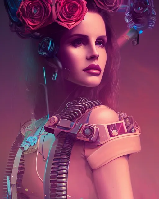 Image similar to portrait of lana del rey as a cyberpunk cyborg. roses, sci - fi, missing panels, intricate abstract, upper body, intricate artwork, by tooth wu, wlop, beeple, dan mumford. concept art, 8 k octane render, deviantart, greg rutkowski, cinematic, key art, hyperrealism, iridescent accents