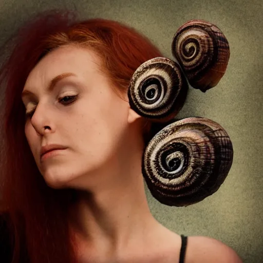 Image similar to professional dramatic photograph of a snail woman hybrid