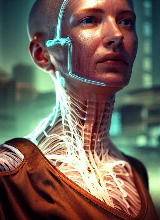 Image similar to 3 / 4 portrait, transparent skin, muscle, bones, veins, nerves, retro clothing, hyperrealism, detailed, photorealistic, cyberpunk apocalyptic city, futuristic, ultra realistic, cinematic, intricate, cinematic light, unreal engine 8 k, octane render, unreal engine by charlie bowater, david kostic, stanley lau, artgerm